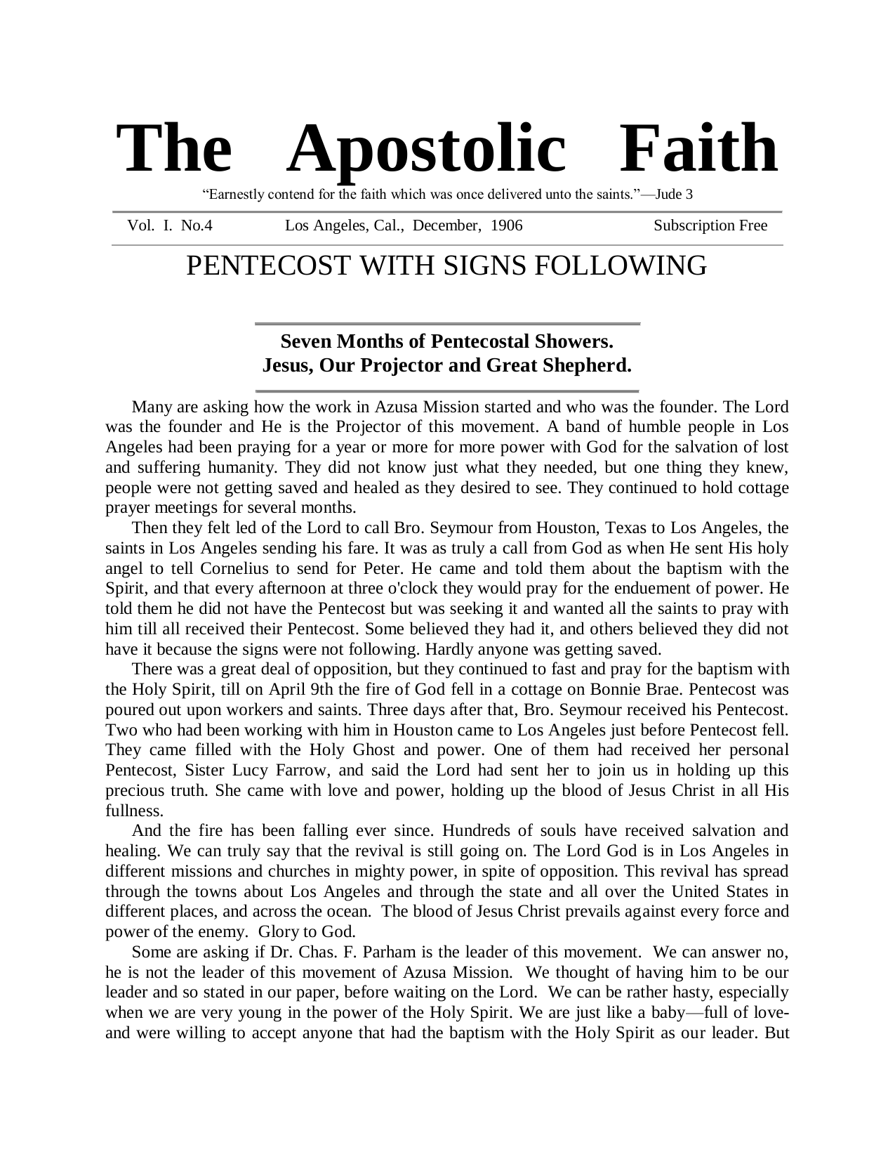 The Apostolic Faith Vol. I No. 4, first page — December 1906, PENTECOST WITH SIGNS FOLLOWING. The issue, not the Hill lyric leaf.