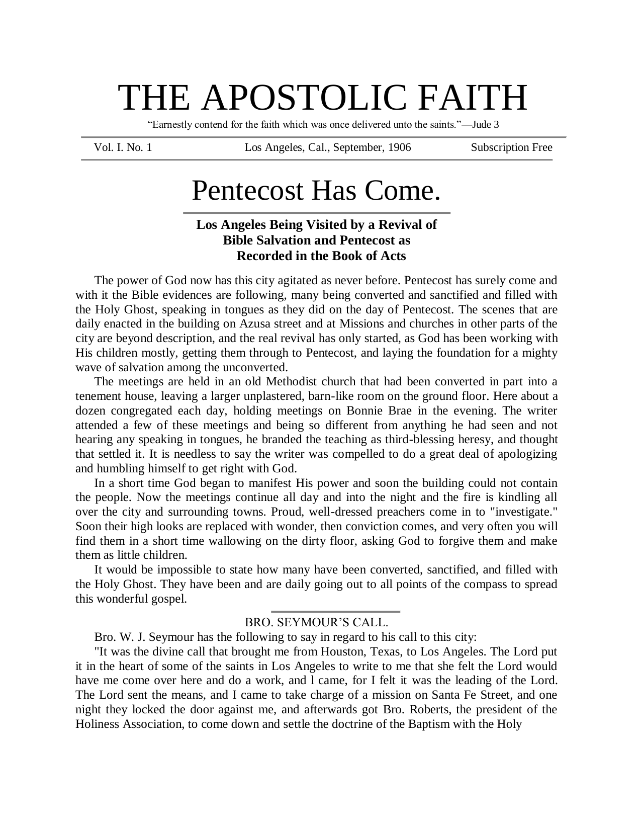 The Apostolic Faith Vol. I No. 1, first page — Los Angeles, September 1906, Pentecost Has Come. The Azusa paper, not a portrait.